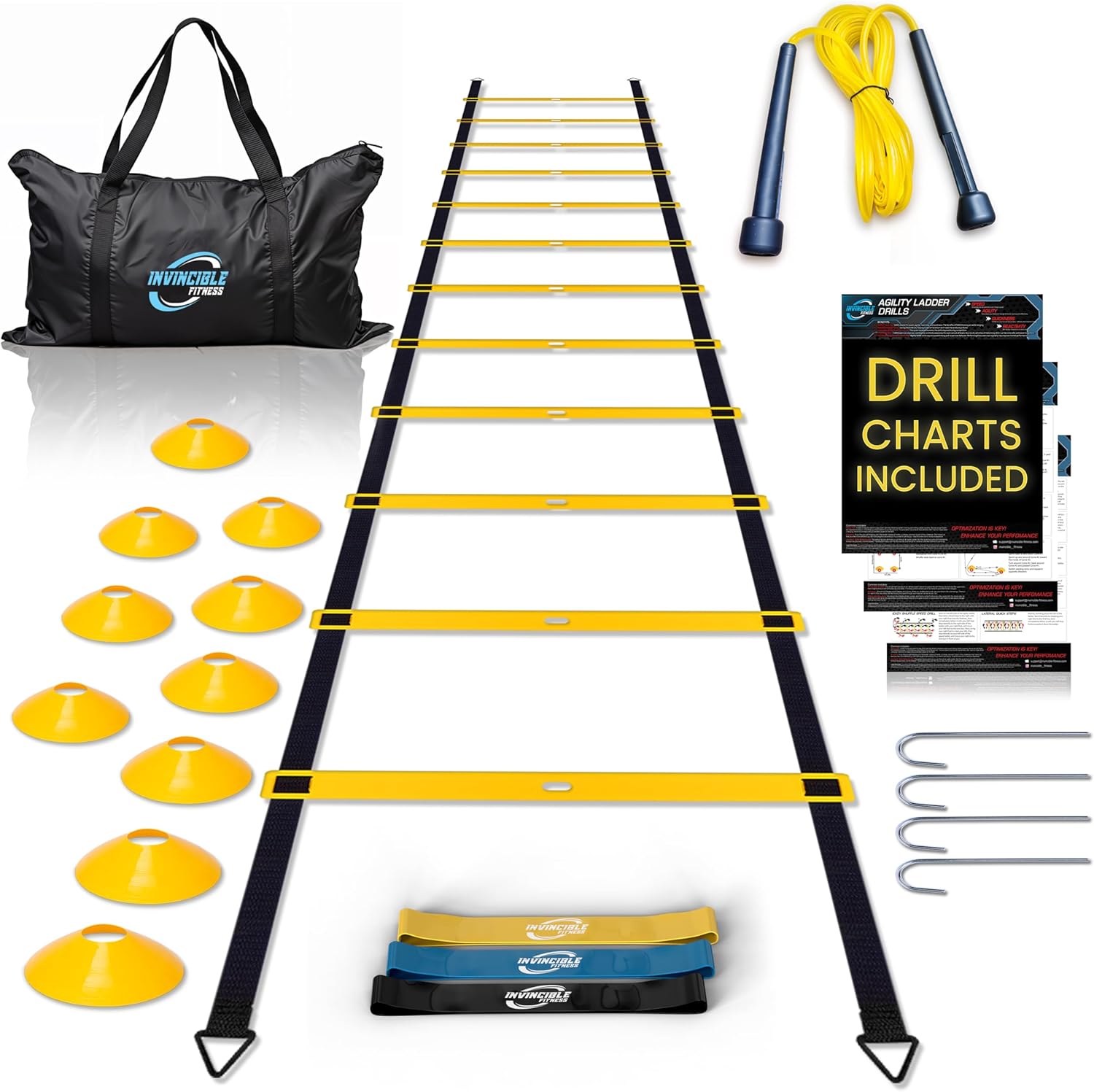 Escalera de Agilidad Set, 11 peldaños, Duradero Materiales, portátil Bolsa de Transporte, Incluye 4 piquetas de Metal + Bonus: 2,5 "Lacrosse Masaje Pelota, por Invencible Fitness