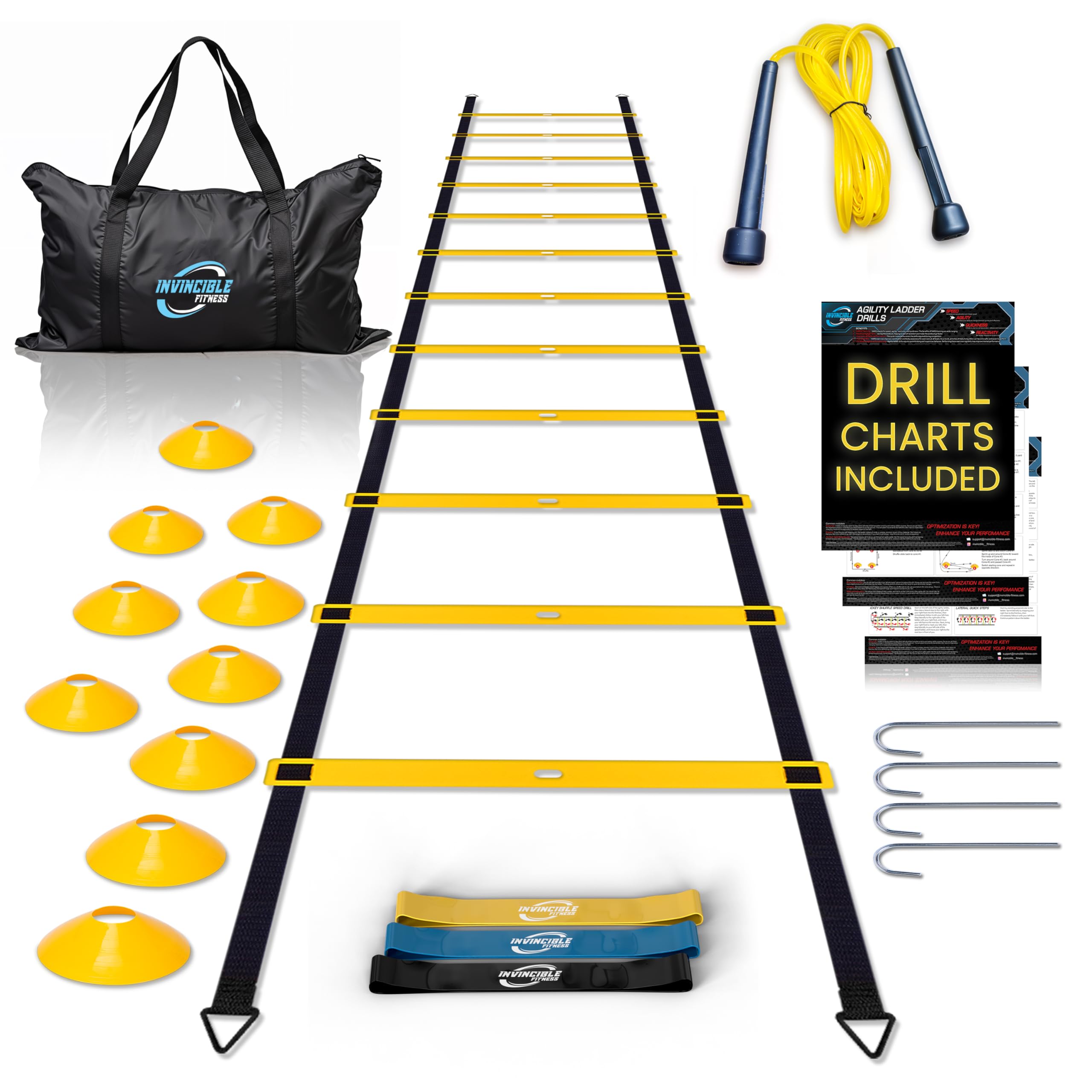 Escalera de Agilidad Set, 11 peldaños, Duradero Materiales, portátil Bolsa de Transporte, Incluye 4 piquetas de Metal + Bonus: 2,5 \"Lacrosse Masaje Pelota, por Invencible Fitness