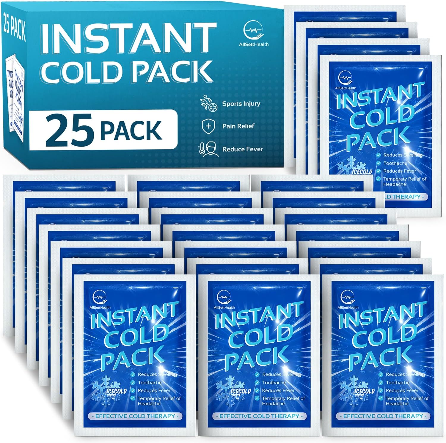 Paquete de hielo instantáneo (15 x 11,5 cm), paquete de 25 paquetes de hielo instantáneos desechables para lesiones, compresa fría para aliviar el dolor, hinchazón, primeros auxilios, dolor de muelas