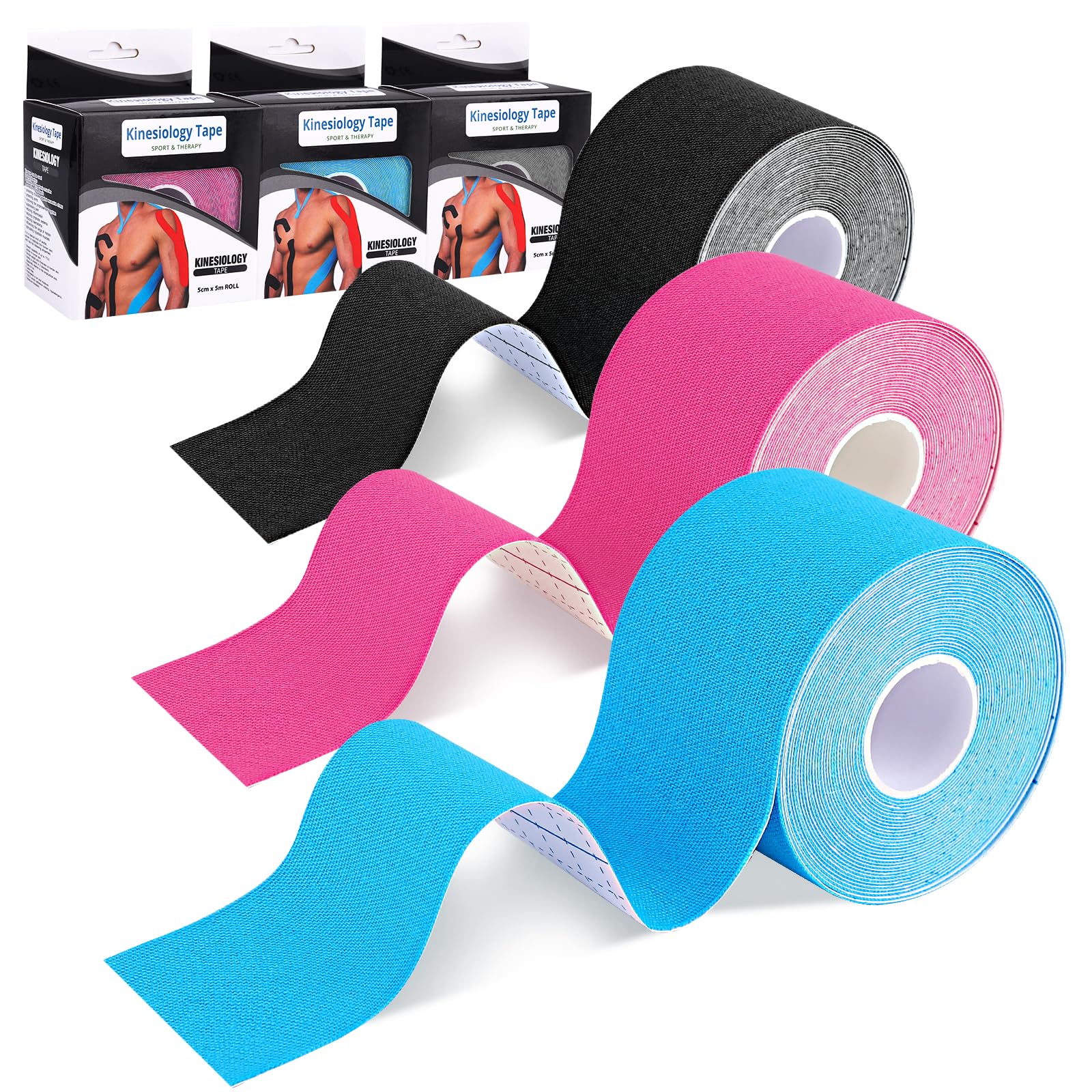 Kinesiotape, Cinta de kinesiologica, Vendaje Neuromuscular Adhesiva 3 Rollos 5 m x 5 cm, Vendas Deportivas de Fisioterapia Transpirables para Alivio Dolor Muscular