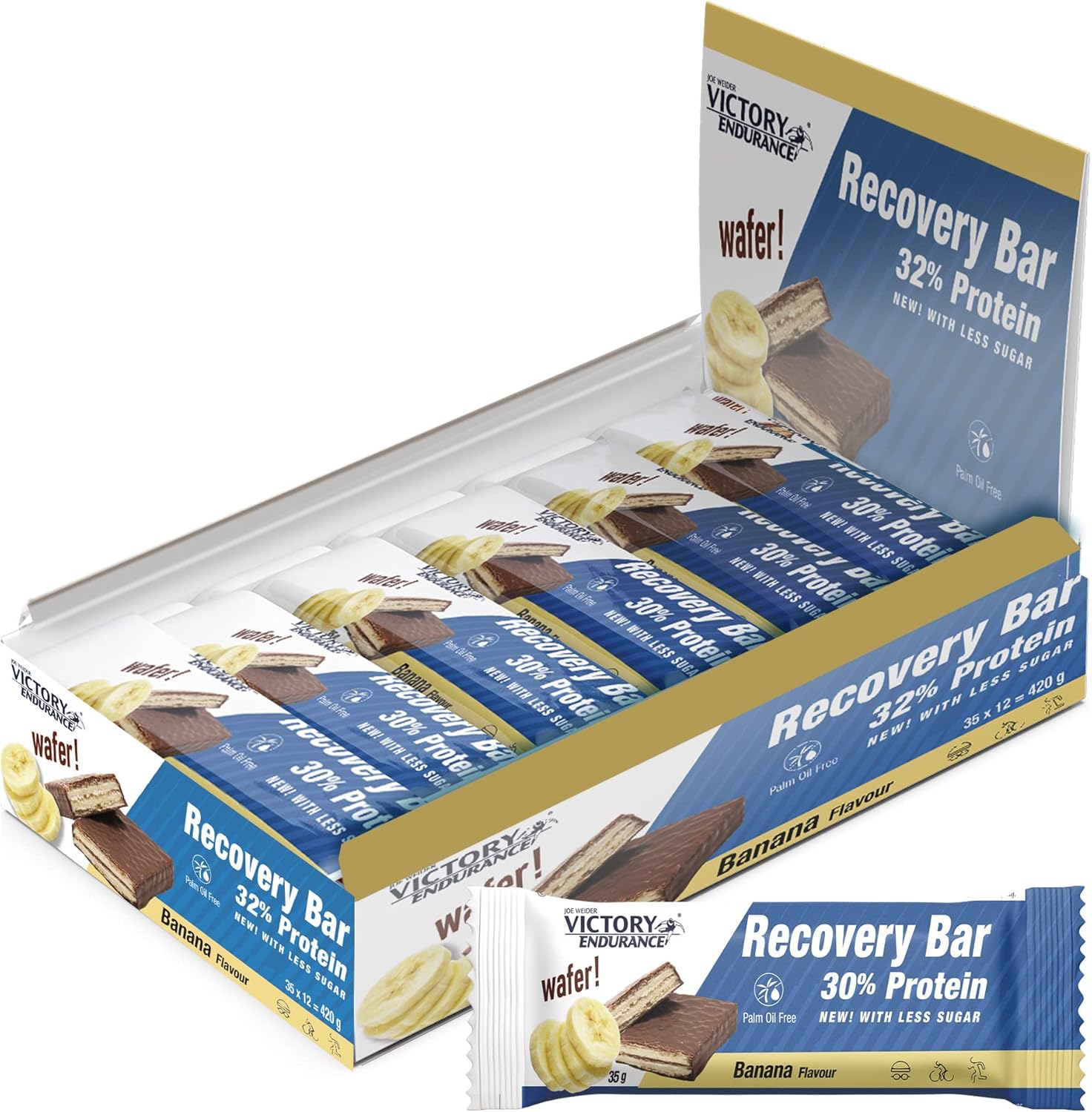 VICTORY ENDURANCE Recovery Bar Sabor Plátano. Barrita recuperadora con 32% de proteína (12x35 g). Barquillo recubierto de chocolate.