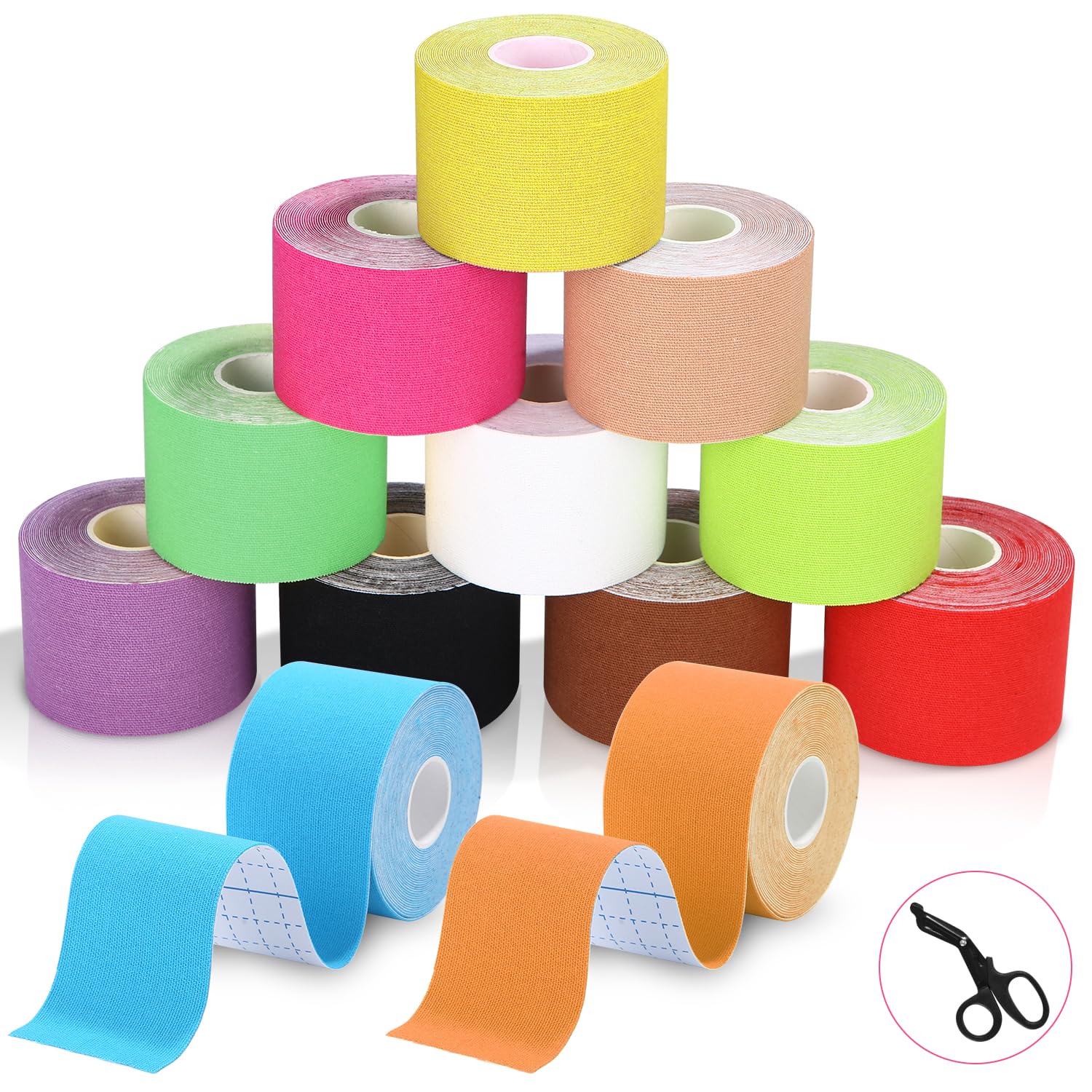 12 Rollos Kinesiotape Cintas Kinesiológicas Adhesivas 5m x 5cm Venda Neuromuscular Adhesiva, con Tijeras Profesionales para Hombros,Rodilla,Alivio Dolor,Elásticas, Impermeable, Muchos Colores
