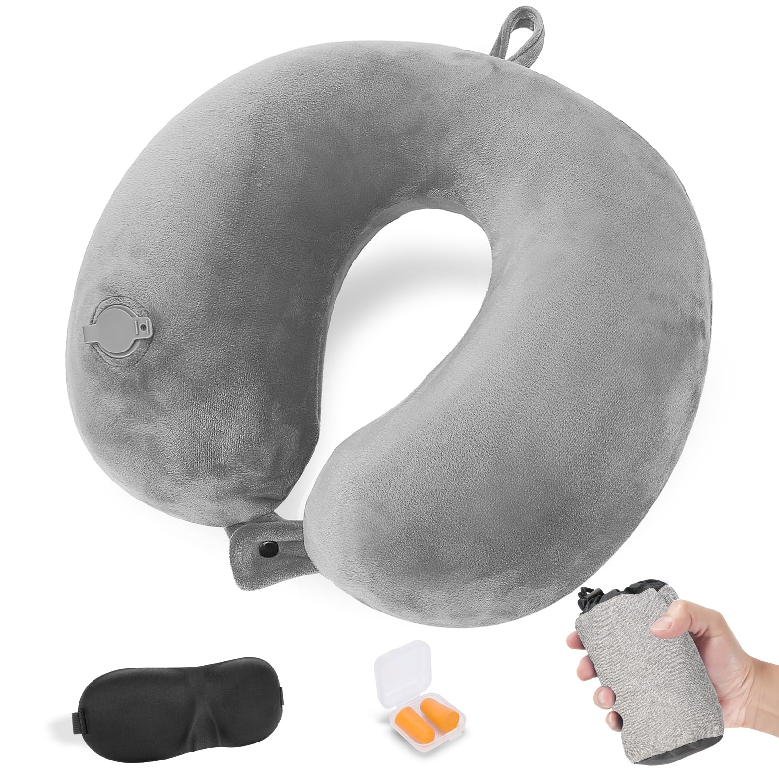 Cirorld Almohada de Viaje Hinchable, Cojin de Viaje Cuello para Avión y Coche, Inflable Cojin Cervical Viaje, Ultraligero y Compacta, con Máscara de Ojos, Tapones y Bolsa, Gris