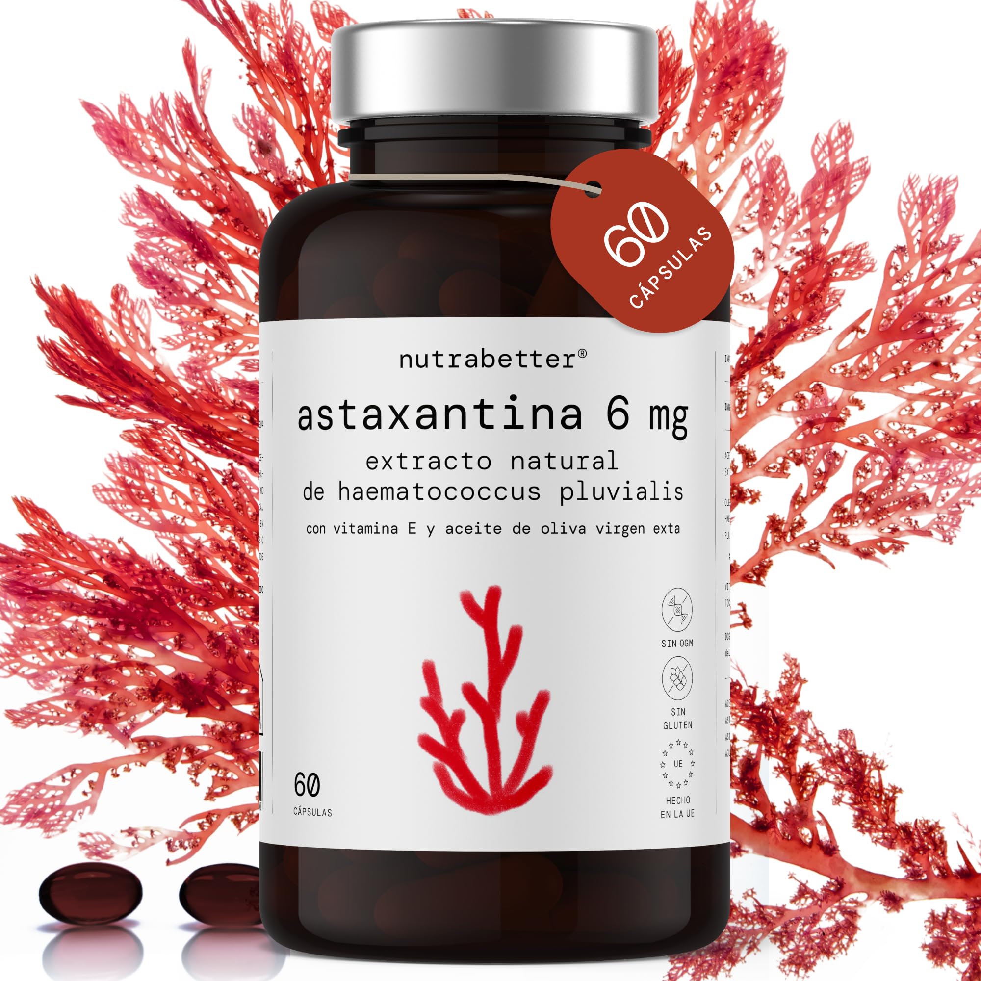 Astaxantina 6 mg | De 120 mg de microalga Haematococcus Pluvialis con Vitamina E | 60 perlas de Astaxantina natural pura | Potente Antioxidante, Antiinflamatorio y Protector Ocular | nutrabetter®