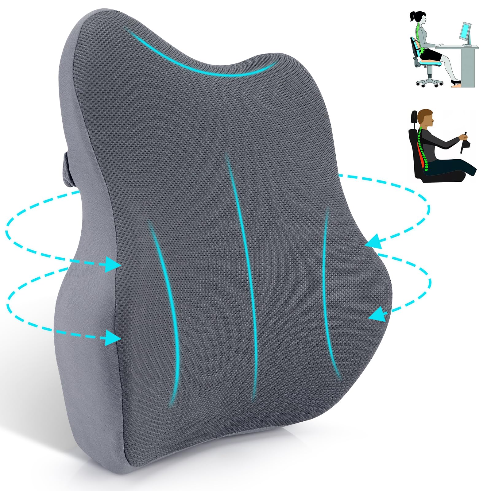 Cojin Lumbar Ergonómico, Almohada Lumbar de Espuma Viscoelástica, Soporte Lumbar con Malla para Silla Oficina, Asiento Coche, Silla de Ruedas (Gris Claro)
