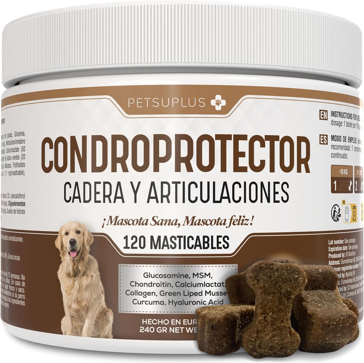 Condroprotector Perros - Glucosamina, MSM, Condroitina, Colageno, Acido Hialuronico - Fortalece los cartilagos y Protege Las articulaciones - Antiinflamatorios Naturales - 120 masticables