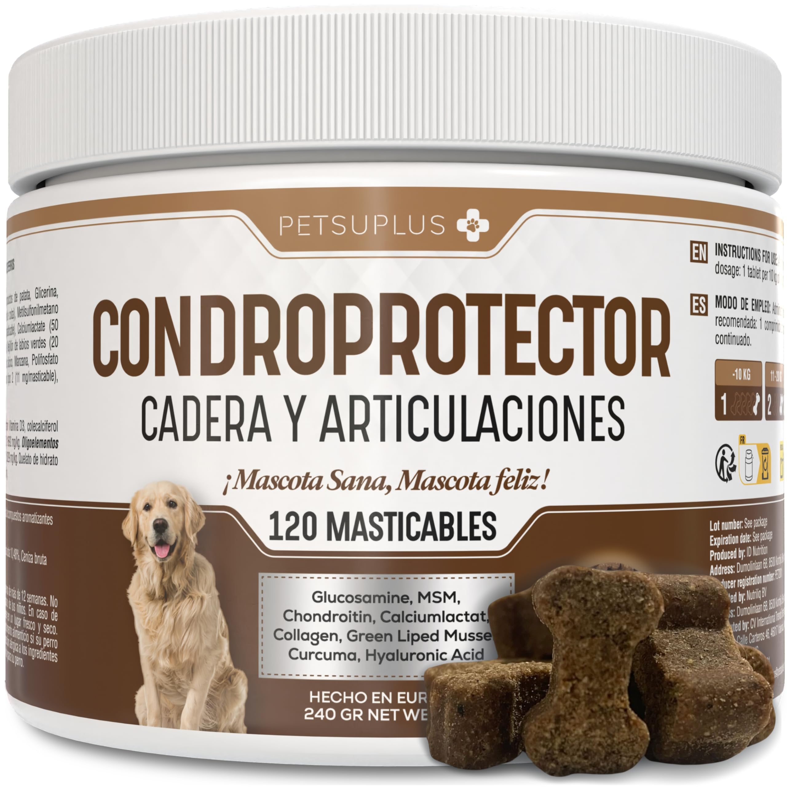 PETSUPLUS Condroprotector Perros - Glucosamina, MSM, Condroitina, Colageno, Acido Hialuronico - Fortalece los cartilagos y Protege Las articulaciones - Antiinflamatorios Naturales - 120 masticables