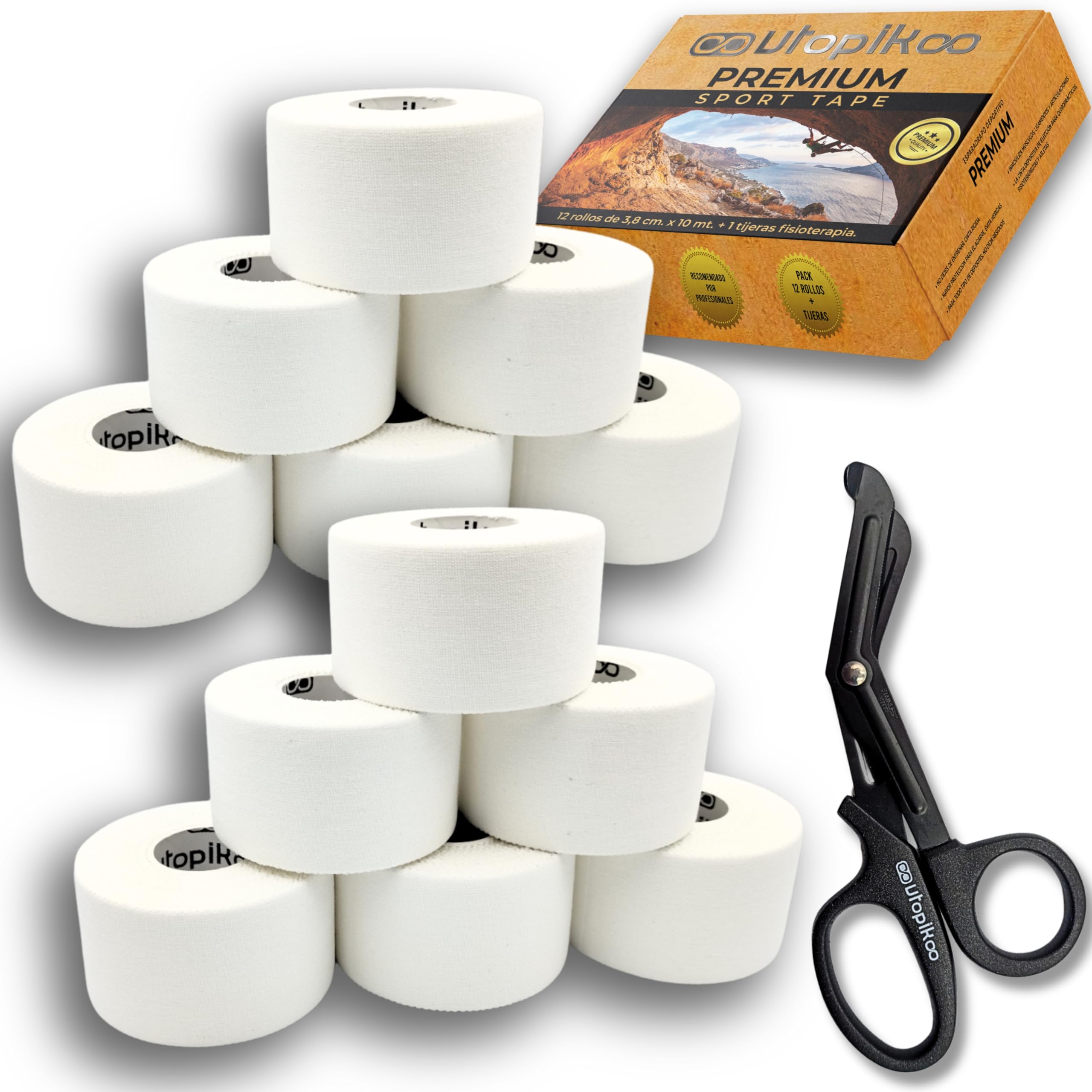 Utopikoo® Esparadrapo Deportivo. (12 Rollos 3,8 cm X 10 m + Tijeras) Tape Vendaje Deportivo Tape Crossfit Dedos-Cinta Fisioterapeuta Adhesiva-Esparadrapo Tela-Cinta Adhesiva Deportiva Futbol (BLANCO)