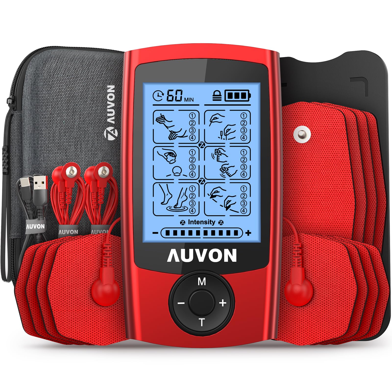 AUVON TENS Electroestimulador con estuche EVA, dispositivo de corriente de estimulación recargable para el tratamiento del dolor con 24 modos, Electroestimulador TENS incluye 12 electrodos, 2 Canales