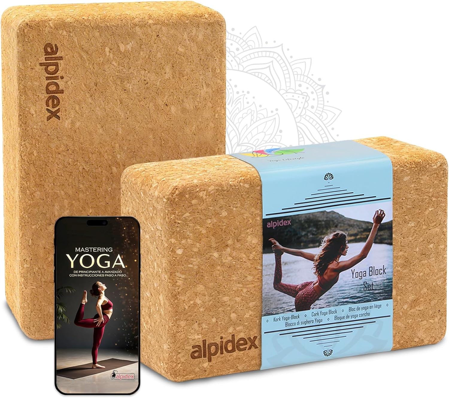 ALPIDEX Bloque de Corcho Juego de 2 Yoga Block Cork Ladrillo incl. libro electrónico con 100 ejercicios ecológico y sostenible corcho de Portugal