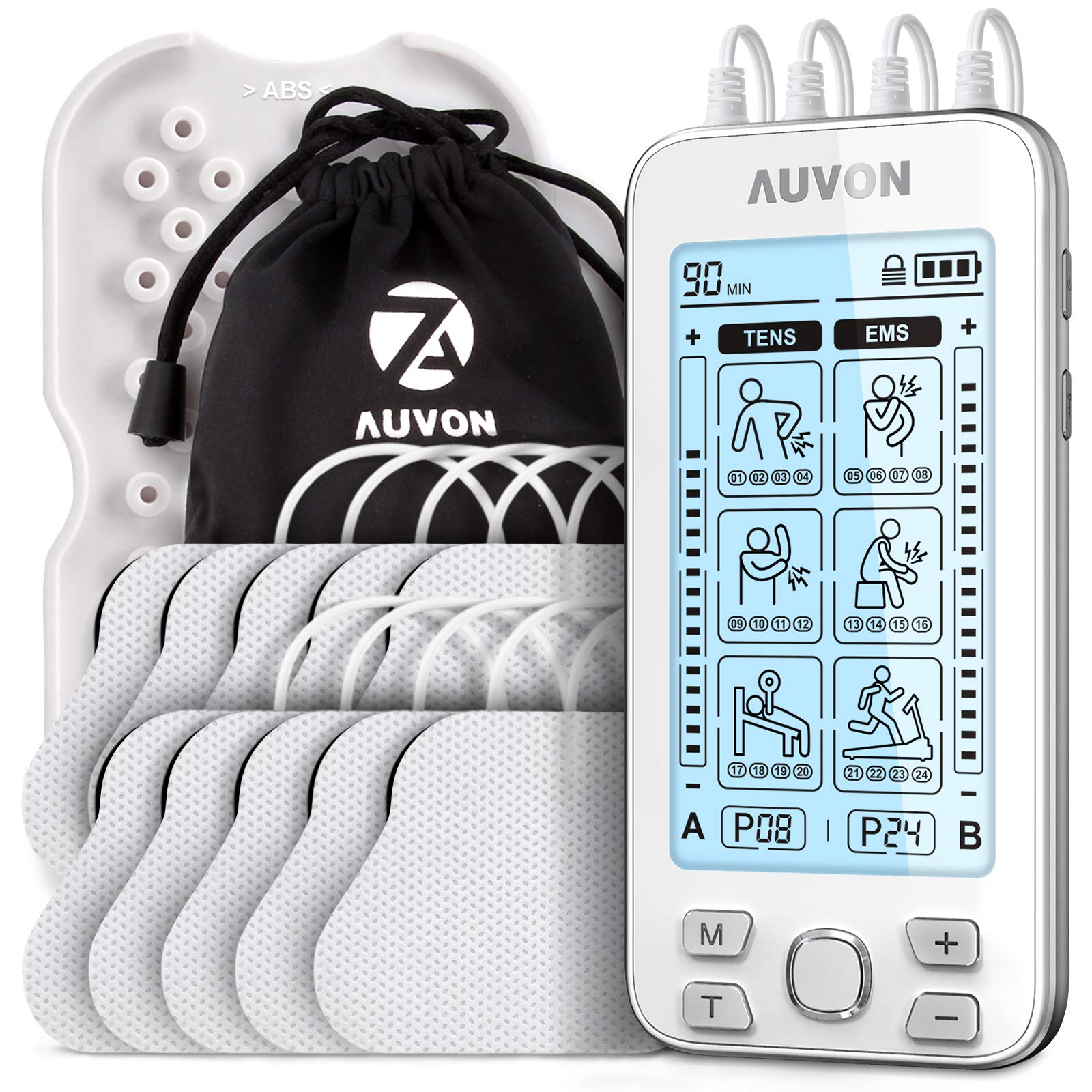 AUVON Electroestimulador TENS de 4 salidas, TENS EMS para terapia de alivio del dolor con masajeador de pulso eléctrico de 24 modos, 10 piezas de electrodos premium de 2\"x 2\" con diseño patentado