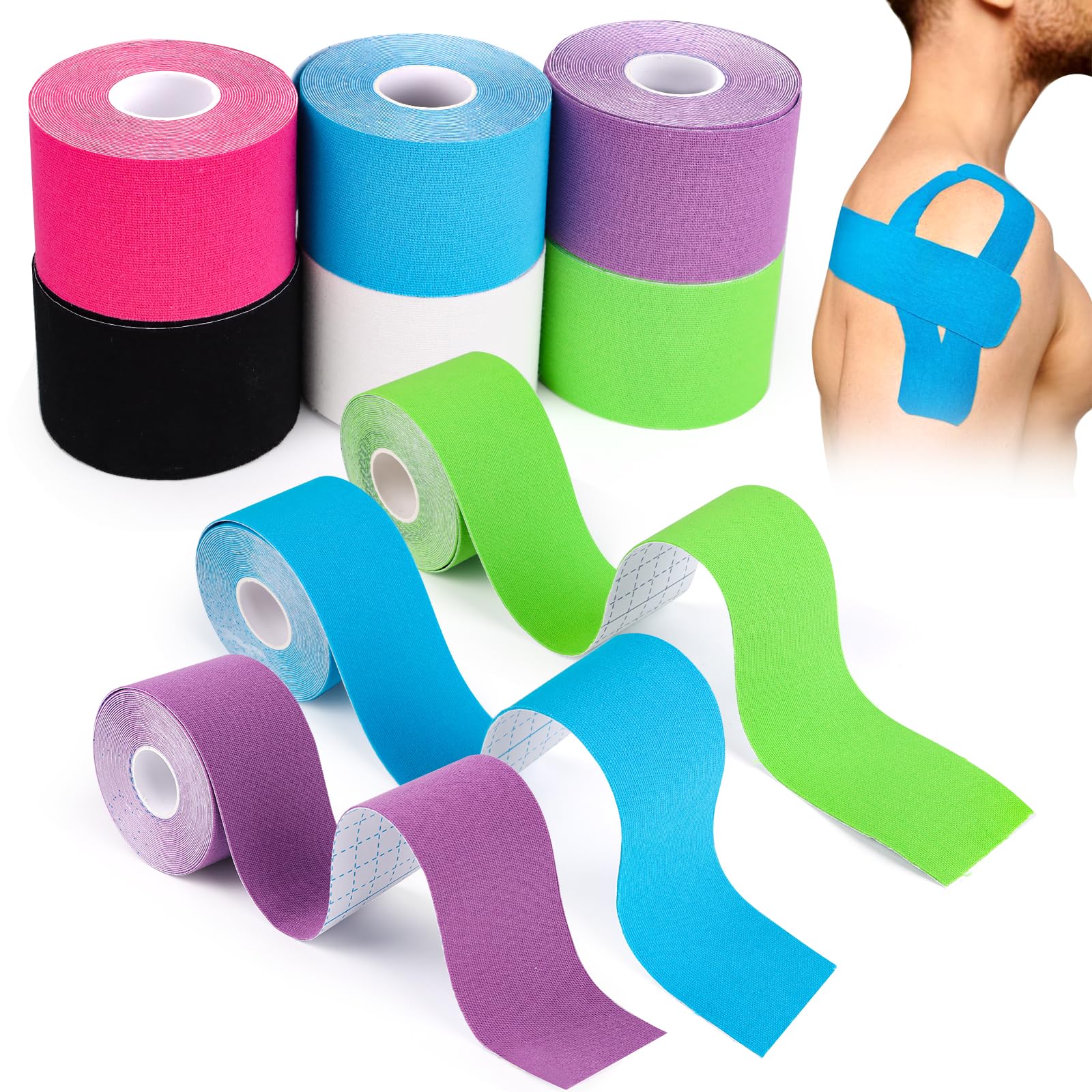 6 Rollos Cinta de Kinesiología Deportiva, Kinesiotapes, Cinta Kinesiología Tape, Cinta de Kinesiología Tape, Cinta Muscular, 5 m x 5 cm, para Hombros, Rodilla, Alivio Dolor Muscular (6 Colores)
