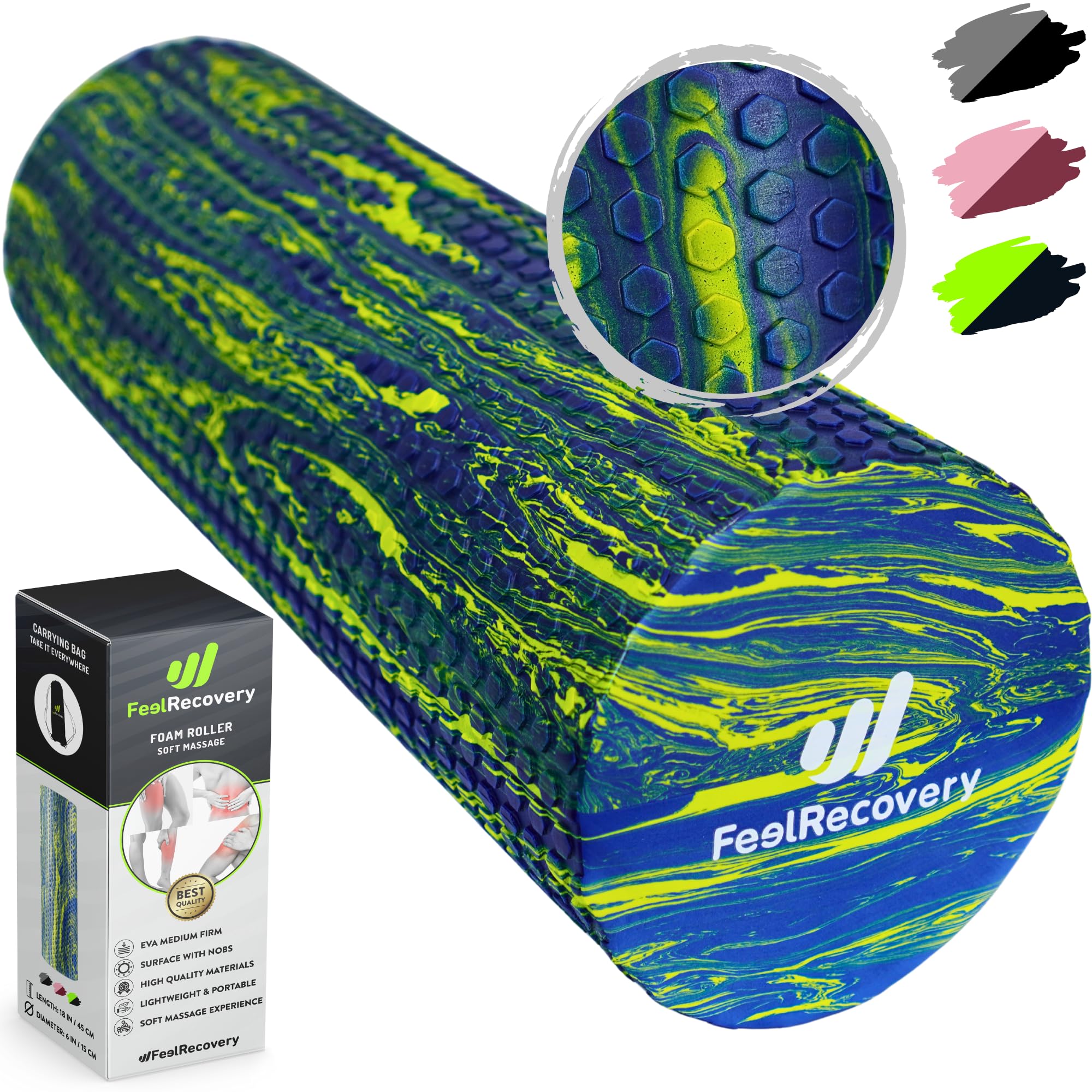 Foam Roller Masaje Muscular (45x15 cm) - Rodillo de Espuma EVA Densidad Media para Contracturas, Fisioterapia, Recuperación, Yoga, Pilates y Fitness - Rulo de Automasaje