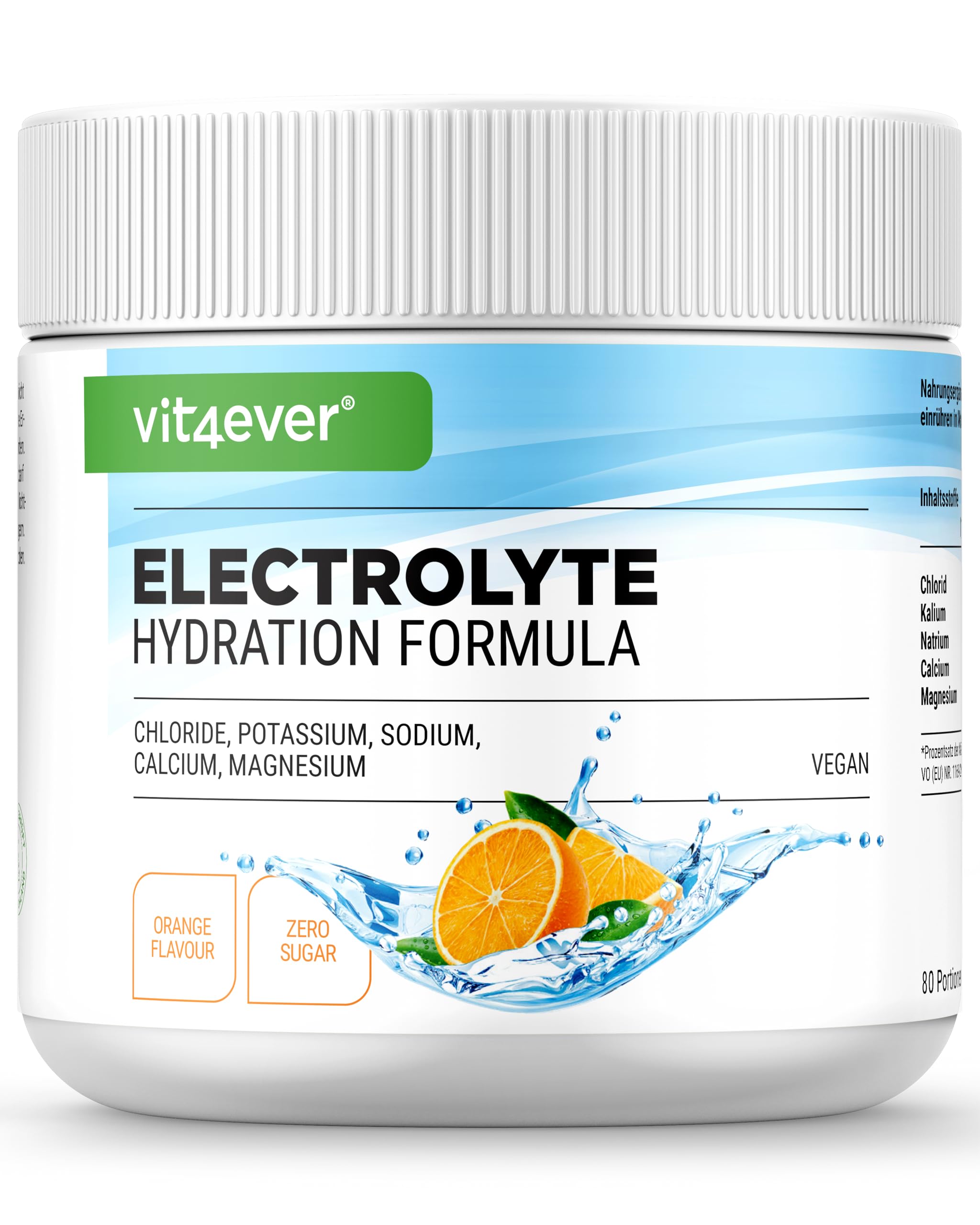 Electrolitos - 400 g (80 raciones) - Fórmula hidratante con cloruro, potasio, sodio, calcio, magnesio - Perfecto para deportistas con pérdida de líquidos - Sin azúcar - Vegano - Sabor Naranja
