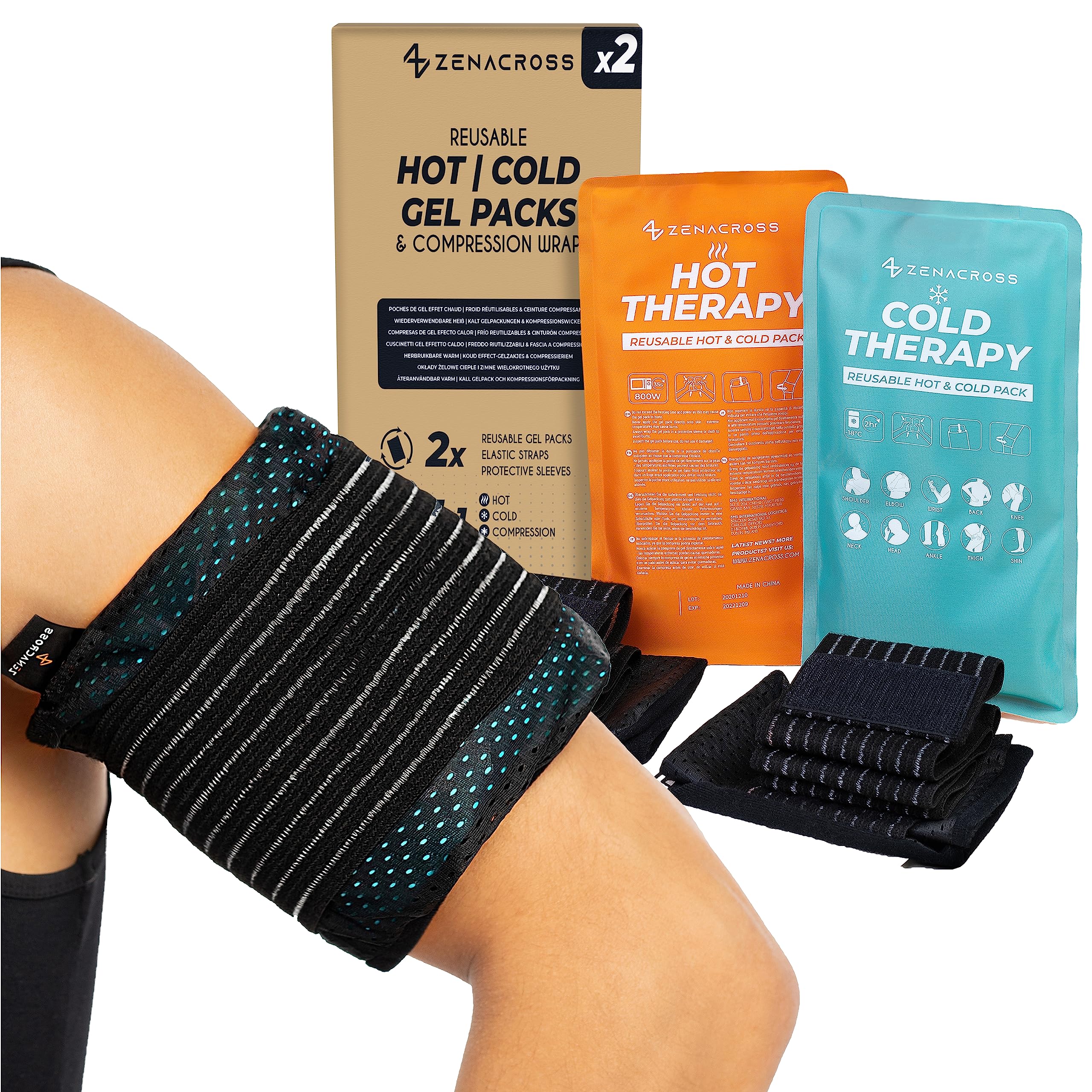 2x Gel Frio Para Lesiones y - Incluye 2 Banda elástica Protectora Reutilizable - Efecto Calor-Frio - Adaptada Microondas & Congelador - Multiusos para Todas las Partes del Cuerpo