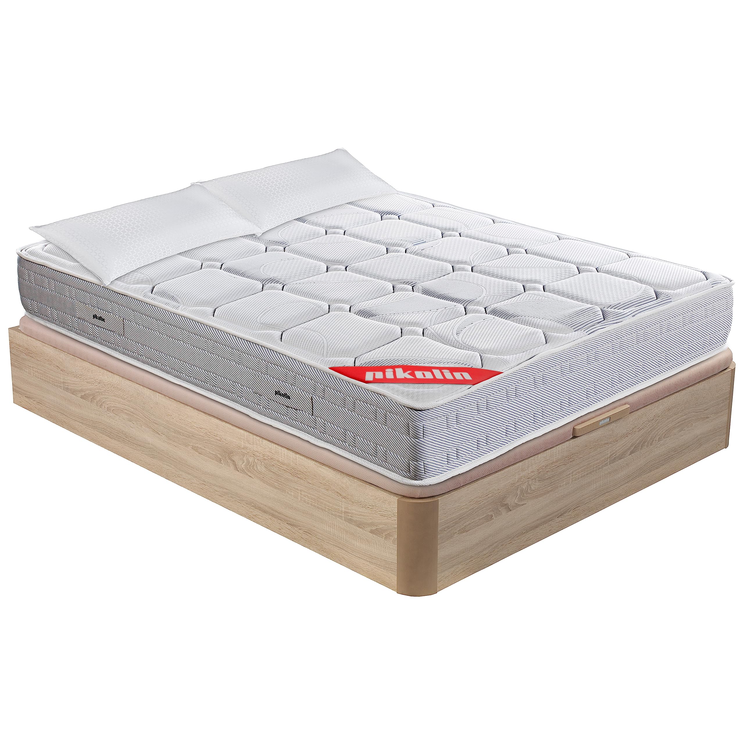 PIKOLIN Pack Colchón Wow, Muelles Ensacados 27cm + Canapé Abatible Natural + 2 Almohadas Fibra con Entrega, Montaje Dentro del Domicilio y Retirada de Colchón y Base Usada Incluido, 135x190