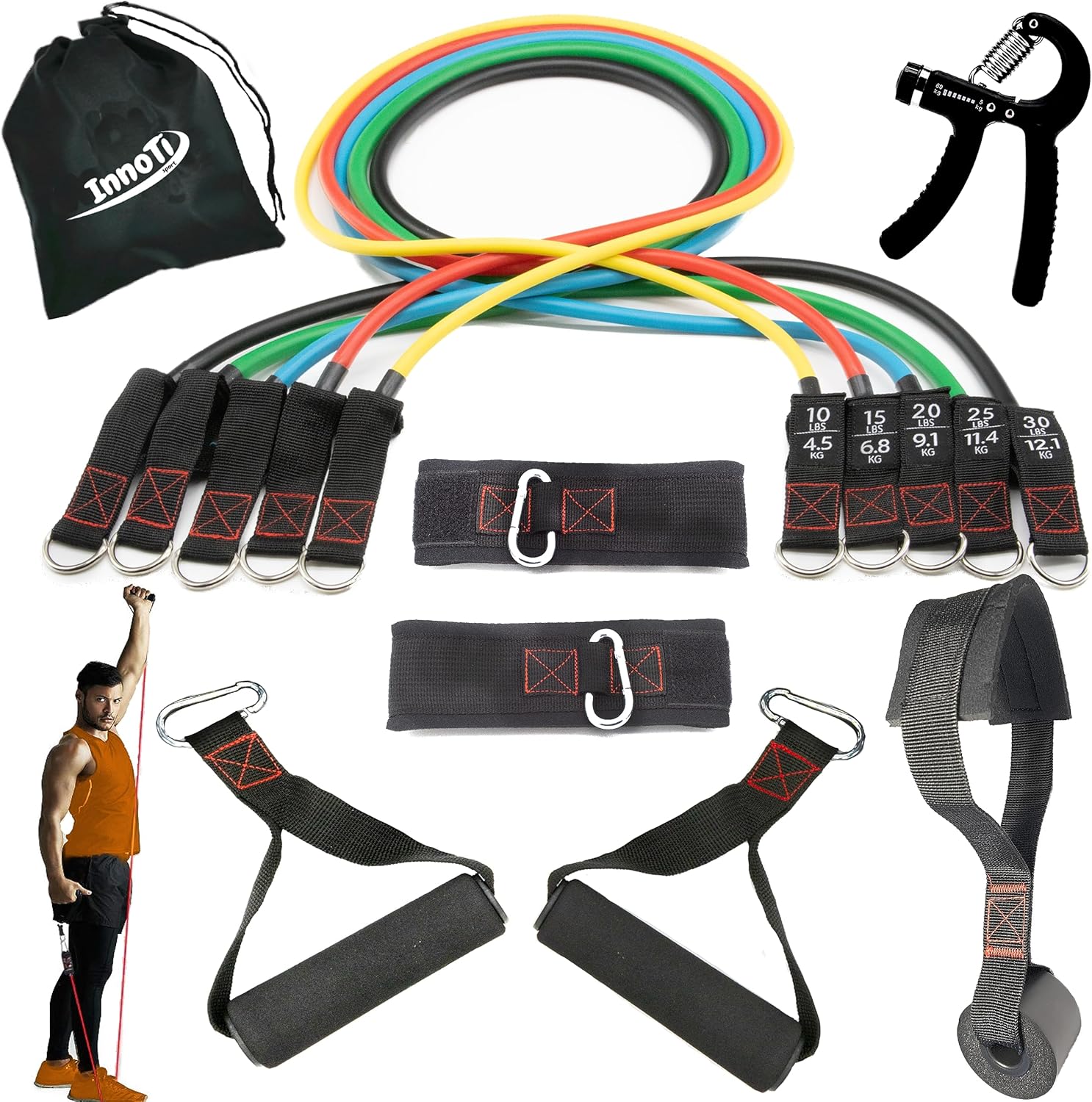 Bandas Elásticas de Musculación y Fitness - Gomas Elásticas Crossfit y Gimnasio en Casa - Tubos de Resistencia de Latex - Asas y Cintas de Tobillos Acolchadas - Anclaje de Puerta - 100 y 150 Lb